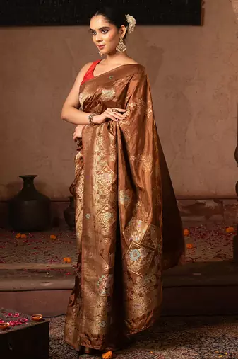 Coffee brown embroidered pure katan silk saree