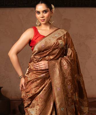 Coffee brown embroidered pure katan silk saree 5