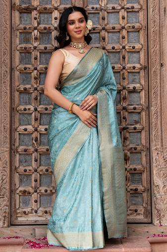 Powder blue embroidered pure katan silk saree