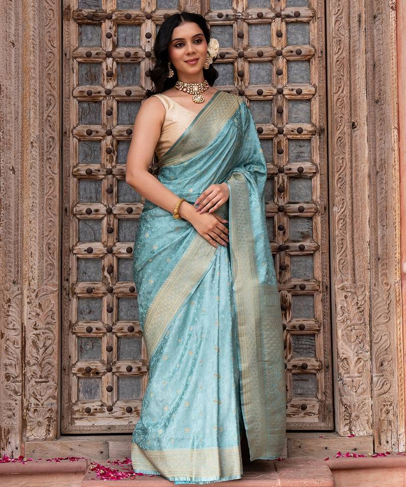 Powder blue embroidered pure katan silk saree