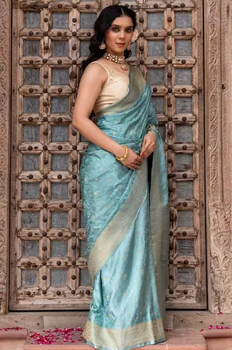 Powder blue embroidered pure katan silk saree