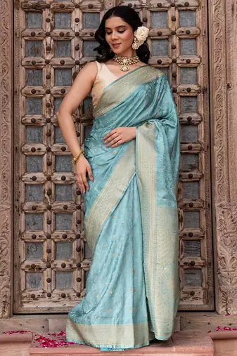Powder blue embroidered pure katan silk saree