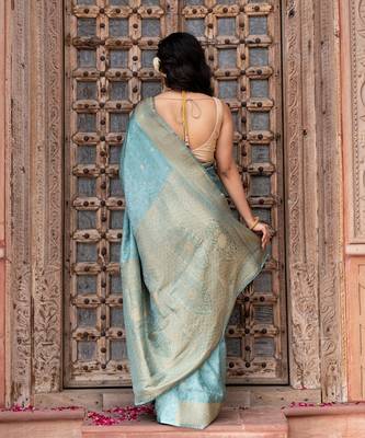 Powder blue embroidered pure katan silk saree 5