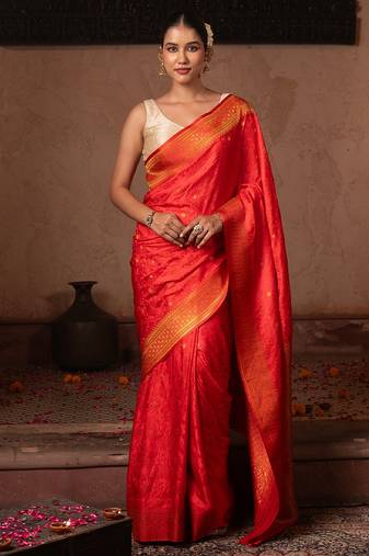 Scarlet red embroidered pure katan silk saree