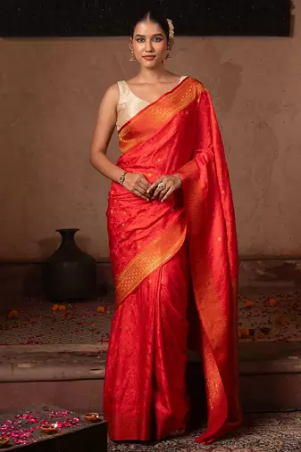 Scarlet red embroidered pure katan silk saree