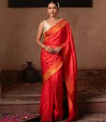 Scarlet red embroidered pure katan silk saree