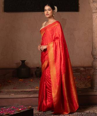 Scarlet red embroidered pure katan silk saree 2