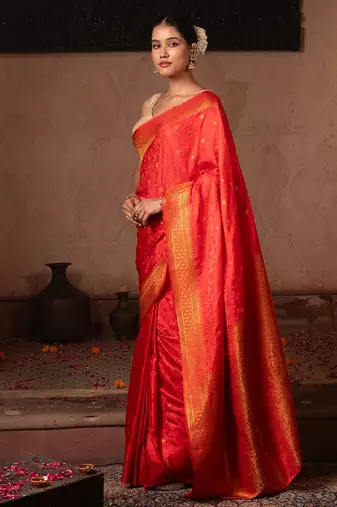 Scarlet red embroidered pure katan silk saree