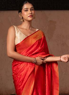 Scarlet red embroidered pure katan silk saree 3
