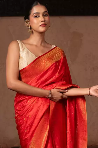 Scarlet red embroidered pure katan silk saree