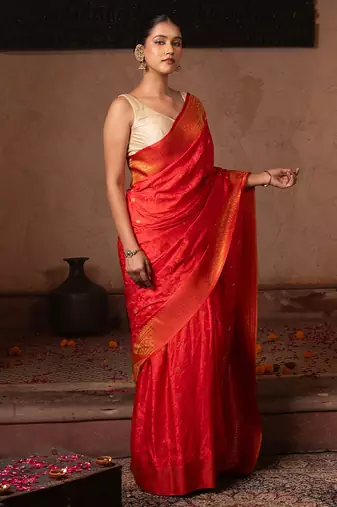Scarlet red embroidered pure katan silk saree