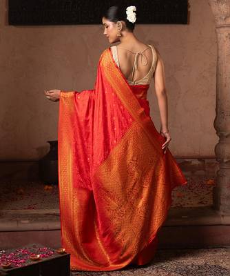 Scarlet red embroidered pure katan silk saree 5
