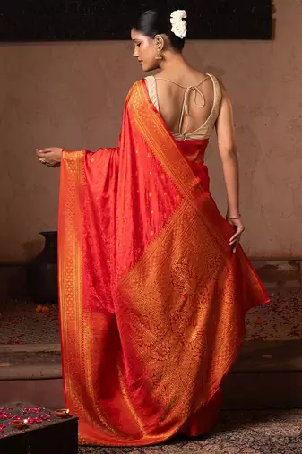 Scarlet red embroidered pure katan silk saree