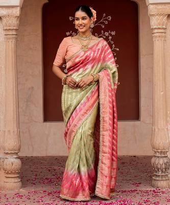 Sea green pink embroidered pure katan silk saree 1