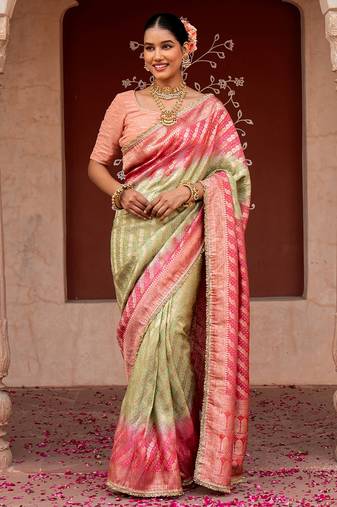 Sea green pink embroidered pure katan silk saree