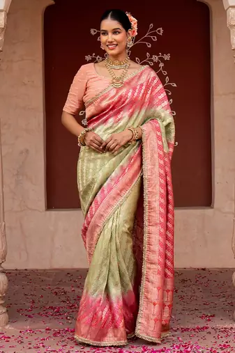 Sea green pink embroidered pure katan silk saree