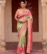 Sea green pink embroidered pure katan silk saree