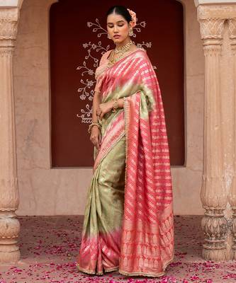 Sea green pink embroidered pure katan silk saree 2