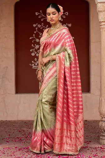 Sea green pink embroidered pure katan silk saree