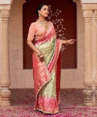 Sea green pink embroidered pure katan silk saree 3