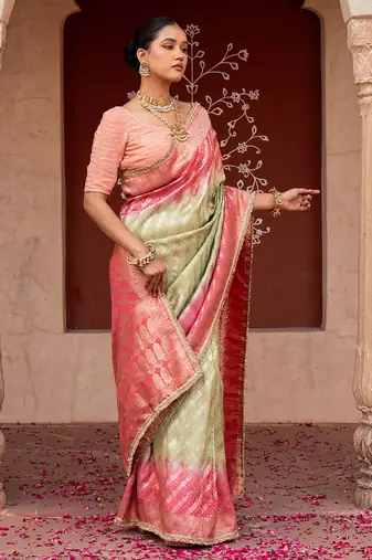 Sea green pink embroidered pure katan silk saree
