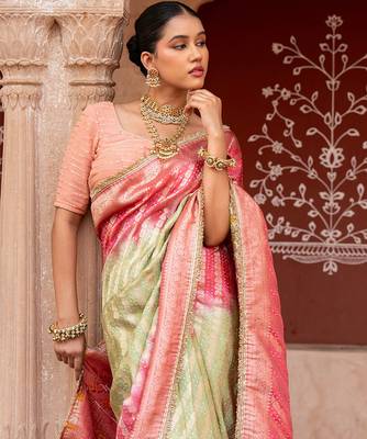 Sea green pink embroidered pure katan silk saree 4