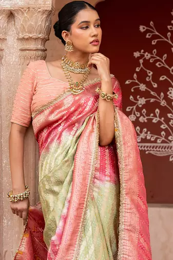 Sea green pink embroidered pure katan silk saree