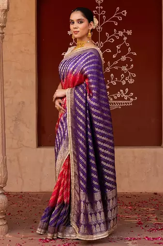 Purple embroidered pure katan silk saree