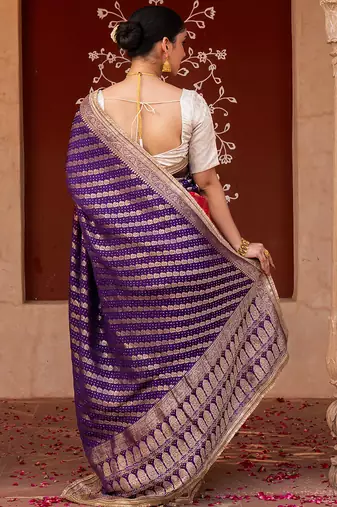 Purple embroidered pure katan silk saree