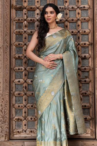 Sea green embroidered pure katan silk saree