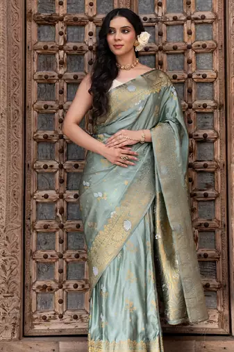 Sea green embroidered pure katan silk saree