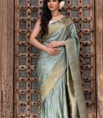 Sea green embroidered pure katan silk saree