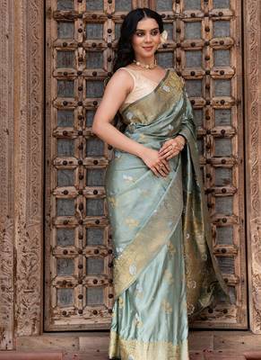 Sea green embroidered pure katan silk saree 2