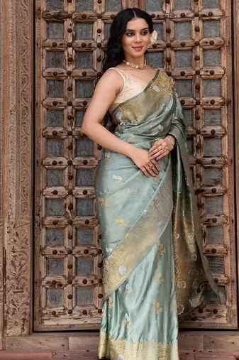 Sea green embroidered pure katan silk saree