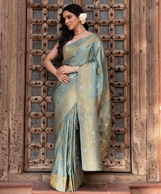 Sea green embroidered pure katan silk saree 3