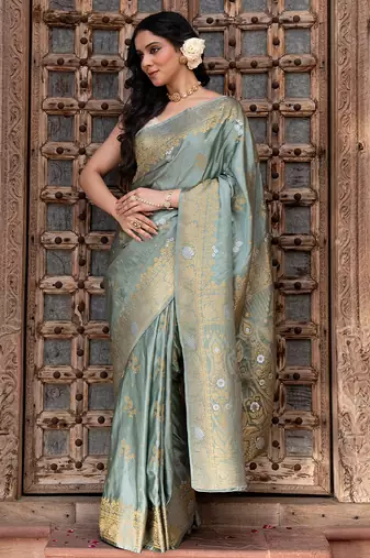 Sea green embroidered pure katan silk saree