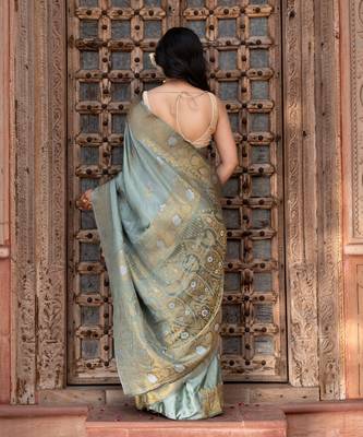 Sea green embroidered pure katan silk saree 5