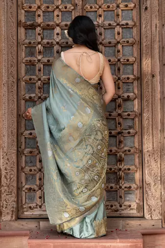Sea green embroidered pure katan silk saree