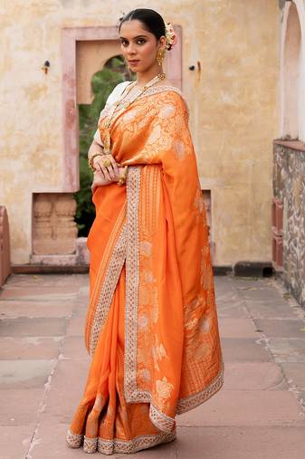 Orange embroidered pure katan silk saree