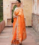 Orange embroidered pure katan silk saree