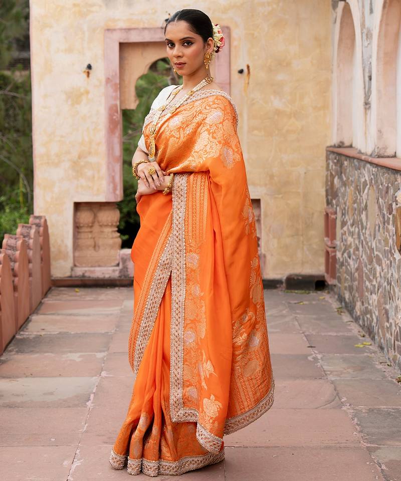 Orange embroidered pure katan silk saree