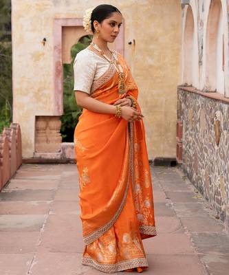 Orange embroidered pure katan silk saree 2