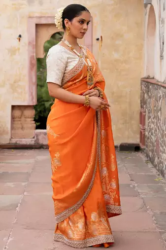 Orange embroidered pure katan silk saree