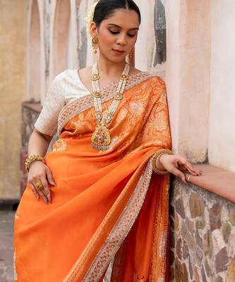 Orange embroidered pure katan silk saree 3