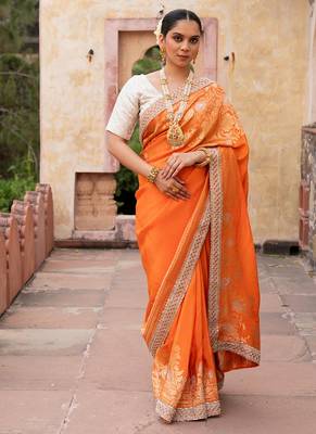 Orange embroidered pure katan silk saree 4