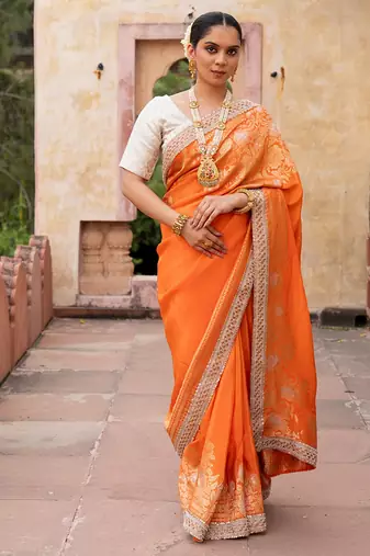 Orange embroidered pure katan silk saree