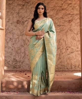 Sea green embroidered puure tissue saree 1
