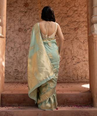 Sea green embroidered puure tissue saree 2