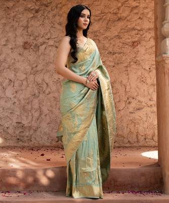 Sea green embroidered puure tissue saree 4