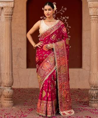 Magenta pink embroidered pure katan silk saree 1
